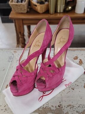 Christian Louboutin Pink Suede Peep-Toe Platform Heels